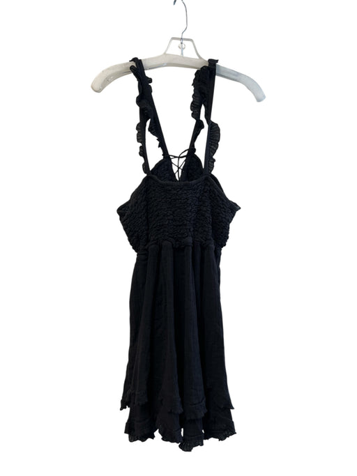 Free People Size L Black Cotton Gauze Shirred Sleeveless Ruffle Straps Dress Black / L