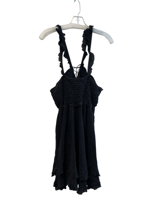 Free People Size L Black Cotton Gauze Shirred Sleeveless Ruffle Straps Dress Black / L