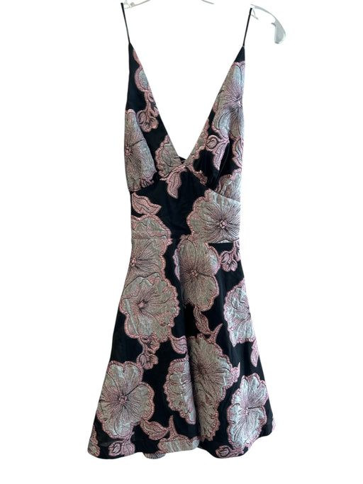 Lavender Brown Size M Black & Pink Polyester Blend Brocade V Neck Floral Dress Black & Pink / M