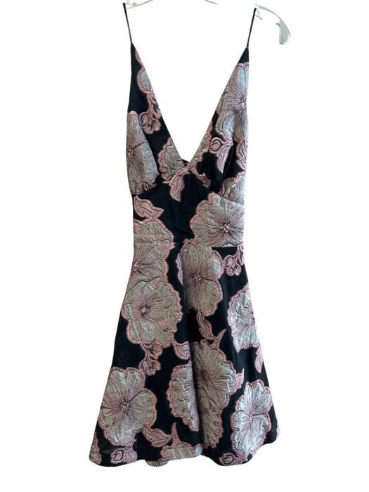 Lavender Brown Size M Black & Pink Polyester Blend Brocade V Neck Floral Dress Black & Pink / M