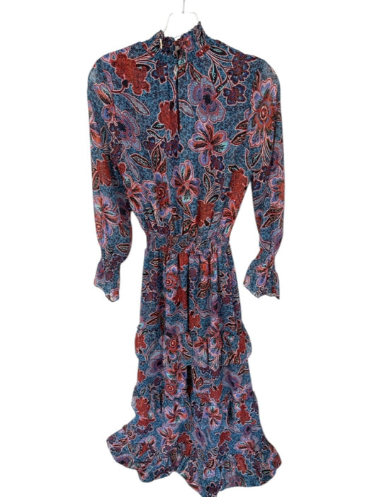 Misa Size S Teal & Rust Print Polyester Mock Neck Flowers Metallic Thread Dress Teal & Rust Print / S