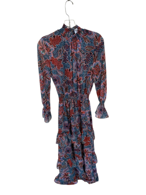 Misa Size S Teal & Rust Print Polyester Mock Neck Flowers Metallic Thread Dress Teal & Rust Print / S