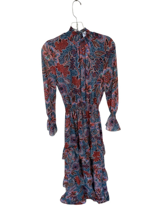 Misa Size S Teal & Rust Print Polyester Mock Neck Flowers Metallic Thread Dress Teal & Rust Print / S