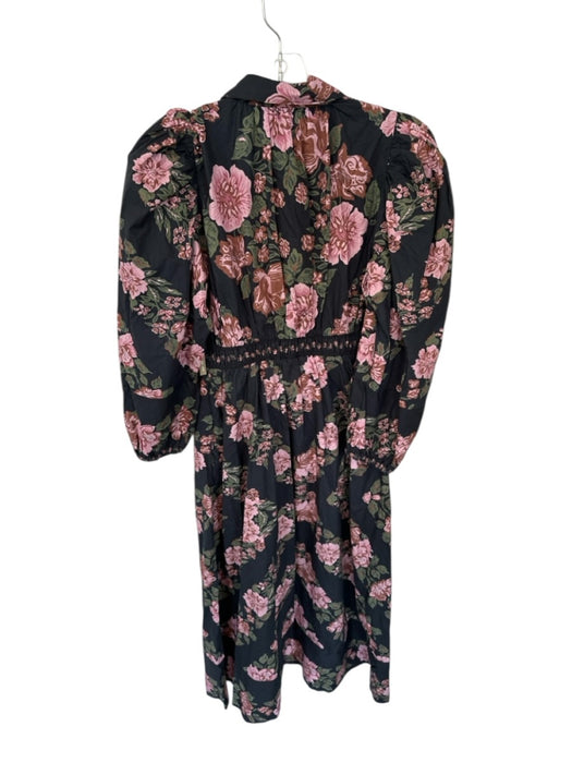 Cleobella Size XS Black & Pink Cotton Long Balloon Sleeve Flowers Buttons Dress Black & Pink / XS