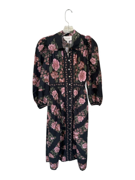 Cleobella Size XS Black & Pink Cotton Long Balloon Sleeve Flowers Buttons Dress Black & Pink / XS