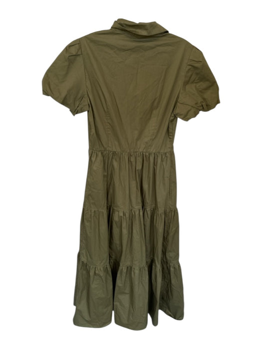 JS 71 Size S Olive Green Cotton Short Balloon Sleeve Button Down Collar Dress Olive Green / S