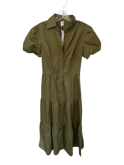 JS 71 Size S Olive Green Cotton Short Balloon Sleeve Button Down Collar Dress Olive Green / S