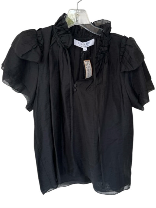Hunter Bell Size S Black Tencel Short Sleeve Ruffle Collar Buttons V Neck Top Black / S