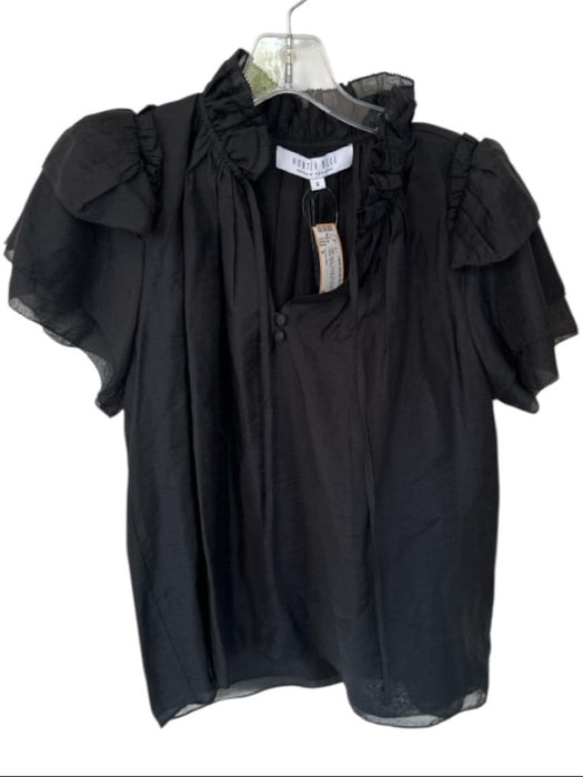 Hunter Bell Size S Black Tencel Short Sleeve Ruffle Collar Buttons V Neck Top Black / S