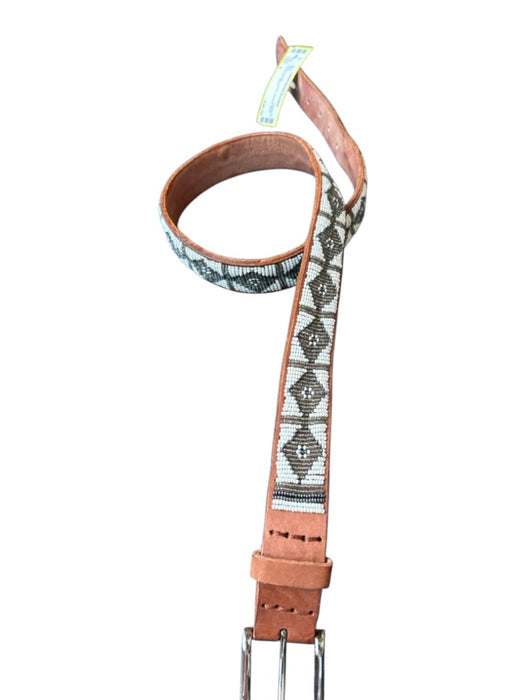 Brown & White Leather Beaded Silver Hardware Belts Brown & White / M