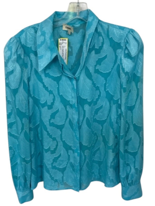 L'agence Size S Aqua Polyester Botanical Long Balloon Sleeve Button Down Top Aqua / S
