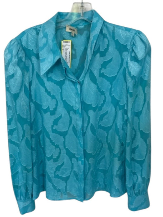 L'agence Size S Aqua Polyester Botanical Long Balloon Sleeve Button Down Top Aqua / S