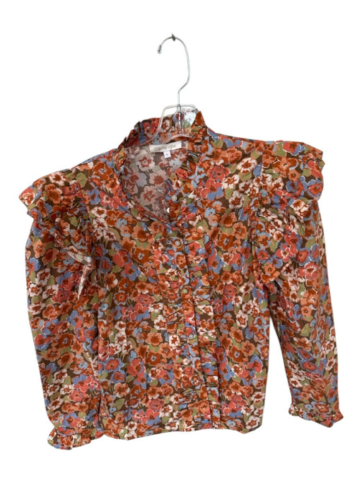 Love The Label Size S Orange & Blue Cotton Long Sleeve Flowers Ruffles Top Orange & Blue / S