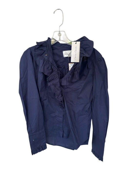 Cara Cara Size S Navy Cotton Long Sleeve Ruffle Collar Buttons Top Navy / S