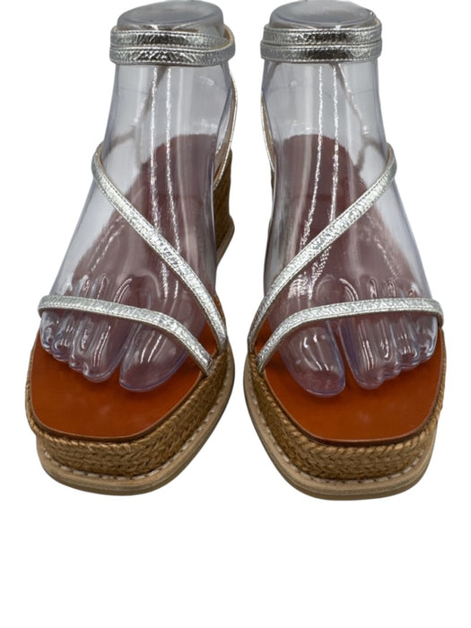 Jimmy Choo Shoe Size 36 Silver & Brown Leather Upper Raffia Open Toe Espadrille Silver & Brown / 36