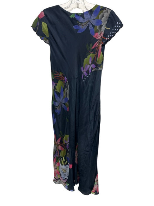 Johnny Was Size S Navy & Multi Silk Floral Maxi Cap Sleeve V Neck Dress Navy & Multi / S