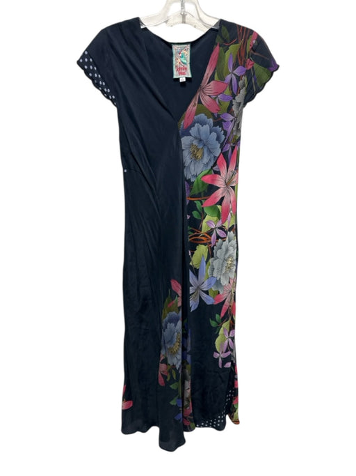 Johnny Was Size S Navy & Multi Silk Floral Maxi Cap Sleeve V Neck Dress Navy & Multi / S
