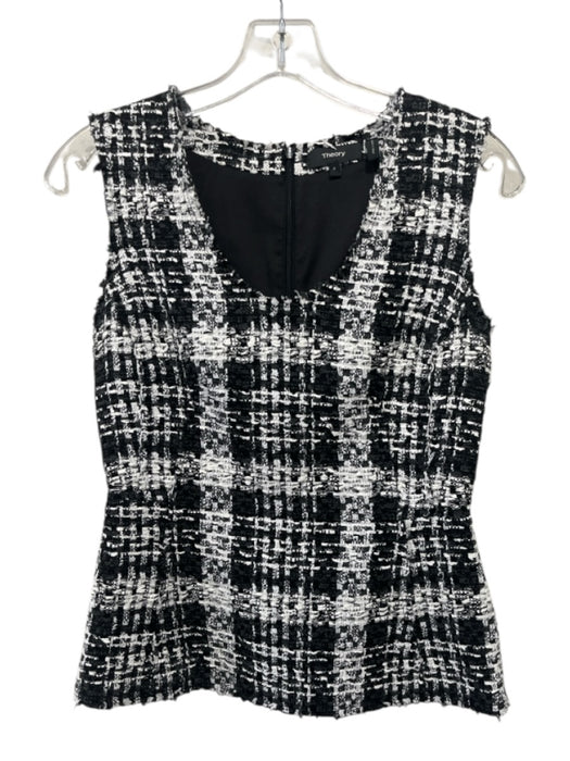 Theory Size P Black & White Cotton & Polyamide Sleeveless Woven Scoop Neck Top Black & White / P