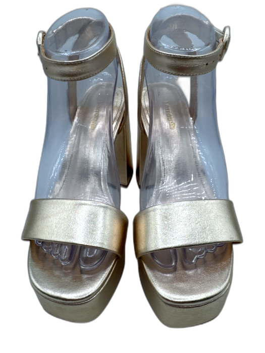 Larroude Shoe Size 6.5 Gold Leather Platform Block Heel Ankle Strap Pumps Gold / 6.5