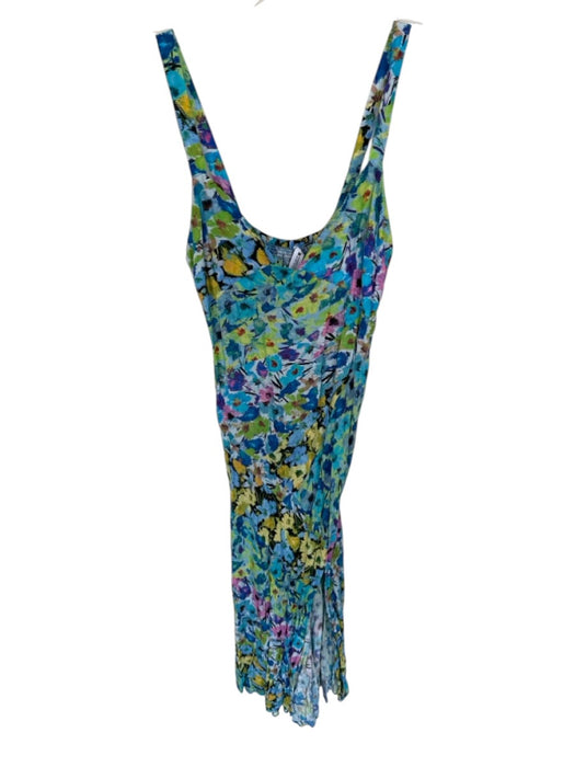 Zara Size S Blue & Multi Viscose Side Slit Back Zip V Neck Straps Dress Blue & Multi / S