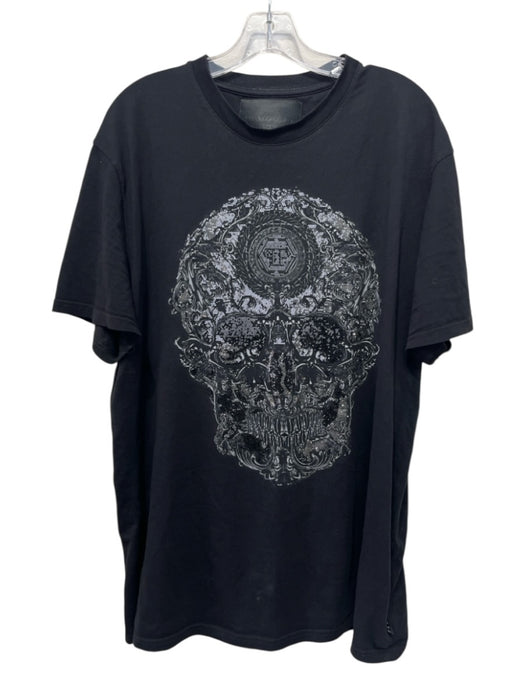 Phillip Plein Size XXL Gray & Black Cotton Men's Short Sleeve Gray & Black / XXL