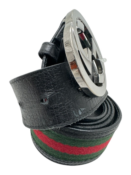 Gucci Green, Red, Black Canvas & Leather Stripe Silver Hardware Men's Belt Green, Red, Black