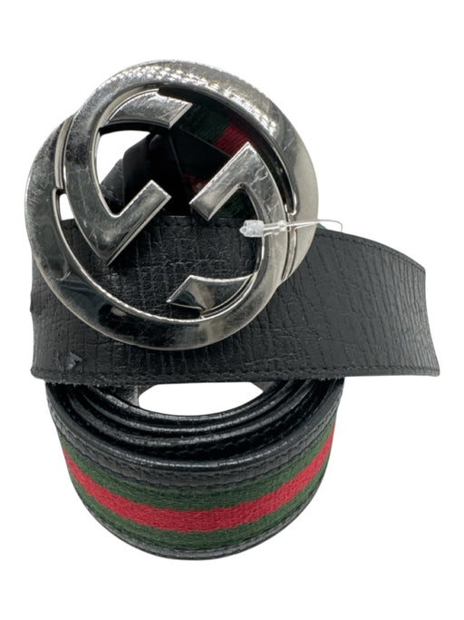 Gucci Green, Red, Black Canvas & Leather Stripe Silver Hardware Men's Belt Green, Red, Black