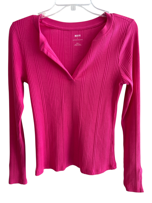 Maeve Size S Pink Cotton & Elastane Split Neck Ribbed Long Sleeve Top Pink / S