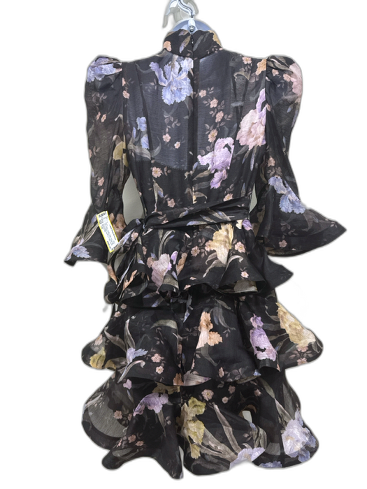 Zimmermann Size 1/S Black, Purple, Multi Linen & Silk Puff 1/2 Sleeve Mini Dress Black, Purple, Multi / 1/S