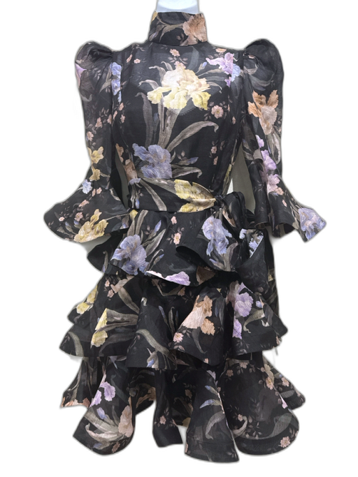 Zimmermann Size 1/S Black, Purple, Multi Linen & Silk Puff 1/2 Sleeve Mini Dress Black, Purple, Multi / 1/S