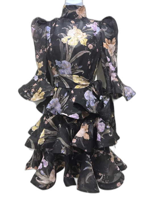 Zimmermann Size 1/S Black, Purple, Multi Linen & Silk Puff 1/2 Sleeve Mini Dress Black, Purple, Multi / 1/S