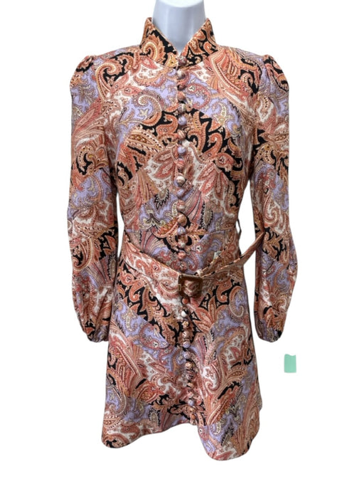 Zimmermann Size 1 Orange & Multi Linen Button Front Zip Back Paisley Dress Orange & Multi / 1