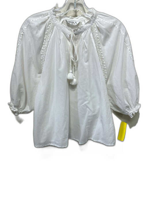 Omika Size XS White Cotton Embroidered Detail Button Detail Puff Sleeve Top White / XS