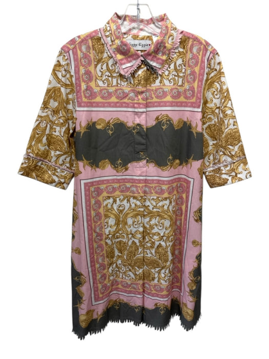Dizzy Lizzie Size S Pink, Gray & Yellow Cotton 1/4 Button Starfish Dress Pink, Gray & Yellow / S
