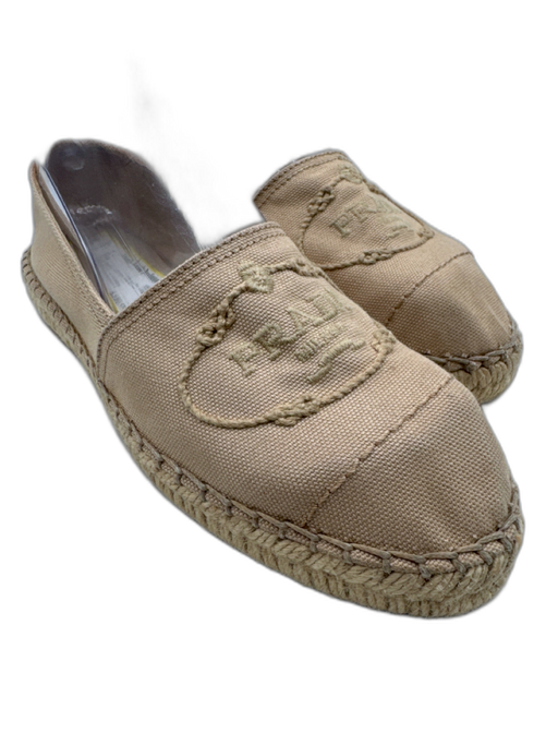 Prada Shoe Size 37.5 Beige Canvas Espadrille Logo Flats Beige / 37.5