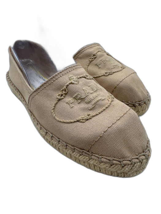Prada Shoe Size 37.5 Beige Canvas Espadrille Logo Flats Beige / 37.5