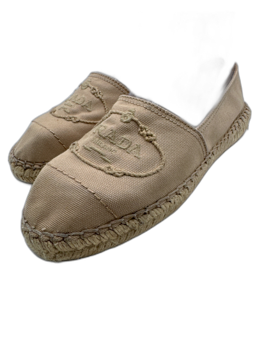 Prada Shoe Size 37.5 Beige Canvas Espadrille Logo Flats Beige / 37.5