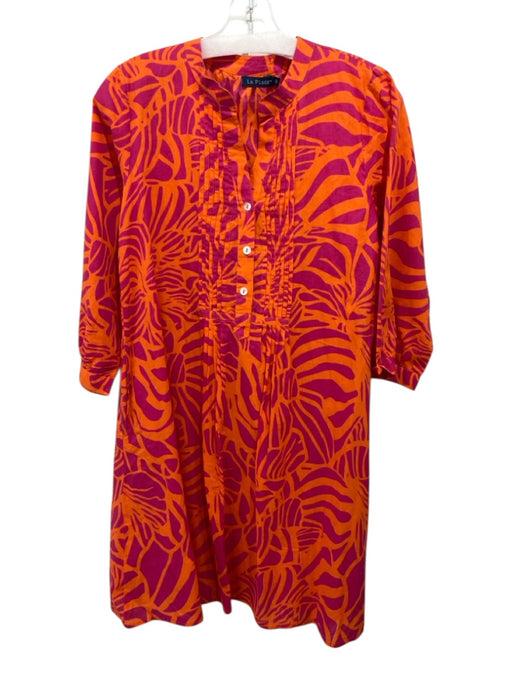 La Plage Size S Orange & Pink Cotton Abstract Print Long Sleeve Pleated Dress Orange & Pink / S