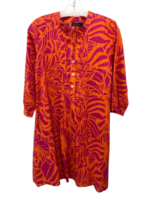 La Plage Size S Orange & Pink Cotton Abstract Print Long Sleeve Pleated Dress Orange & Pink / S
