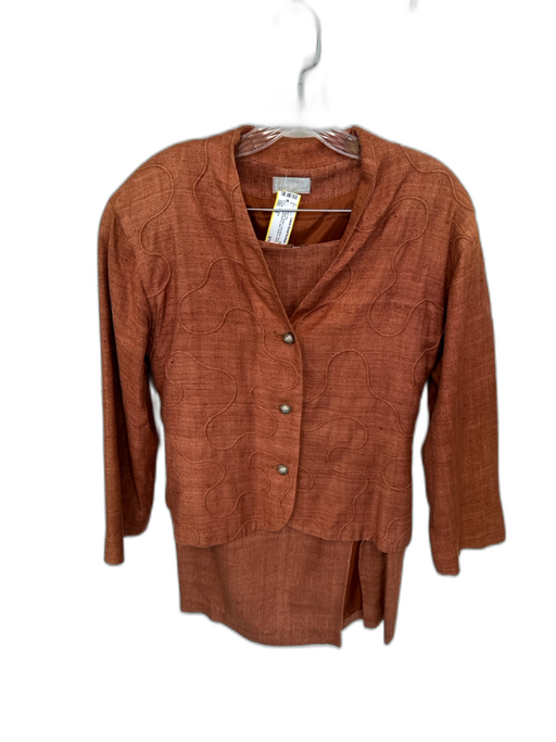 Angora Size 42 Brown Linen Blend Pencil Embroidered Swirl Buttons Skirt Set Brown / 42