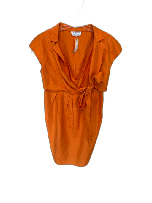 Max Mara Size Est L Orange Raw Silk Cap Sleeve Collar Front Tie Dress Orange / Est L