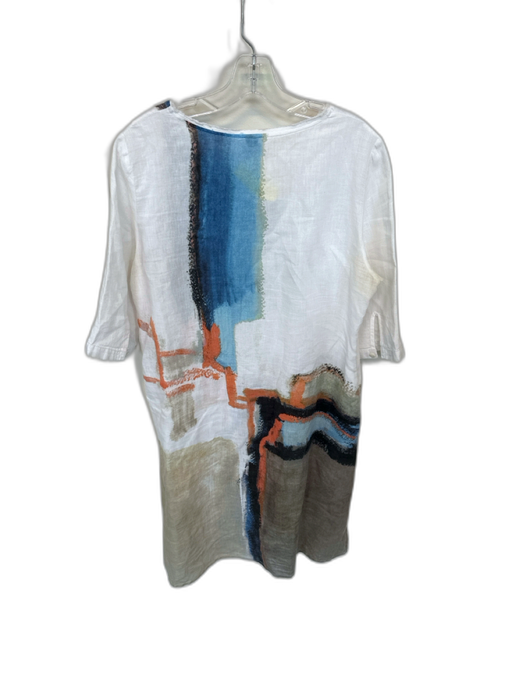 Size Est L White & Blue Linen 3/4 Sleeve Abstract Midi Dress White & Blue / Est L