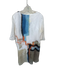 Size Est L White & Blue Linen 3/4 Sleeve Abstract Midi Dress White & Blue / Est L
