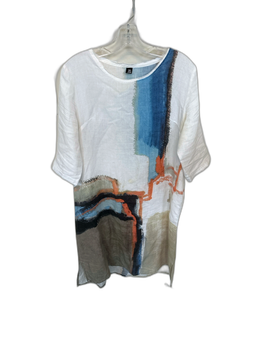 Size Est L White & Blue Linen 3/4 Sleeve Abstract Midi Dress White & Blue / Est L