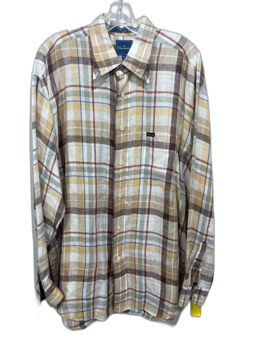 Facconable Size XL Tan & Beige Linen Blend Plaid Button up Long Sleeve Shirt Tan & Beige / XL