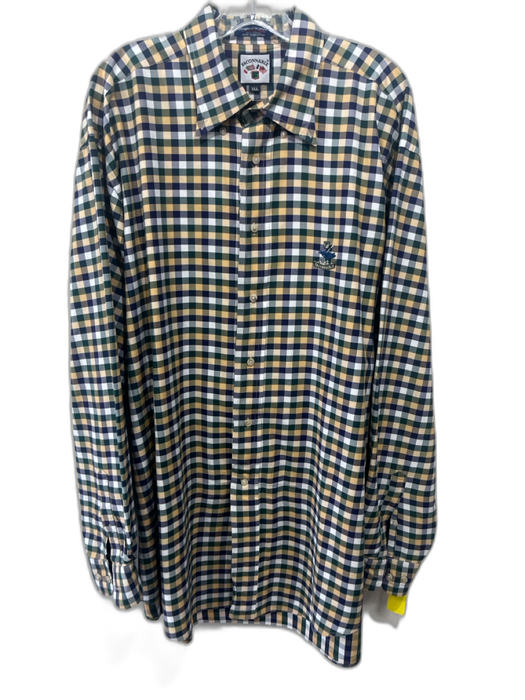 Facconable Size XXL Green & Beige Print Cotton Plaid Button Up Long Sleeve Shirt Green & Beige Print / XXL