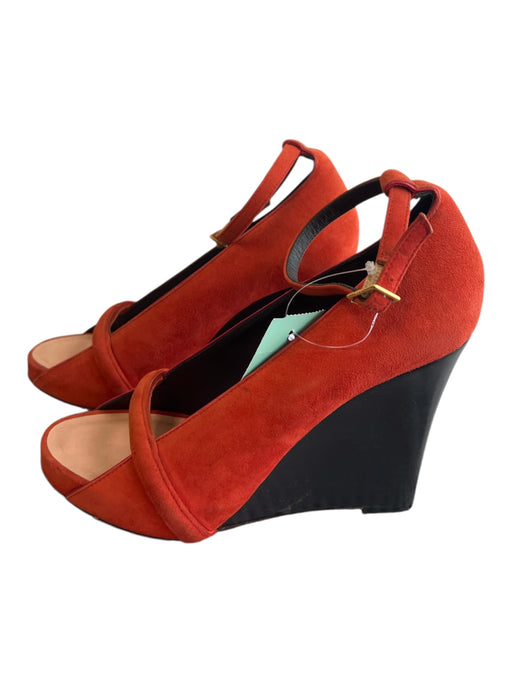 Celine Shoe Size 37 Red Suede High Heel Open Toe Ankle Strap Wooden Wedge Heels Red / 37