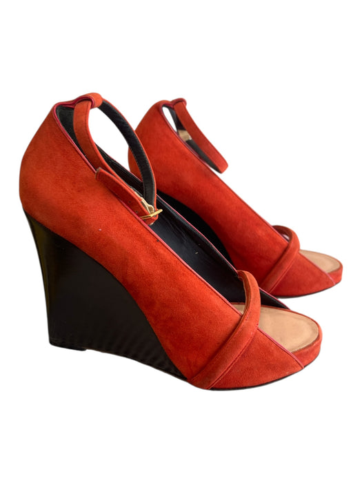 Celine Shoe Size 37 Red Suede High Heel Open Toe Ankle Strap Wooden Wedge Heels Red / 37