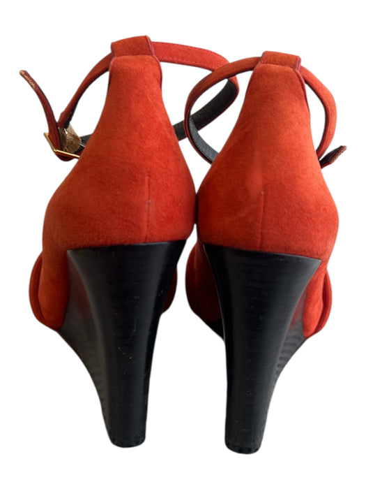 Celine Shoe Size 37 Red Suede High Heel Open Toe Ankle Strap Wooden Wedge Heels Red / 37