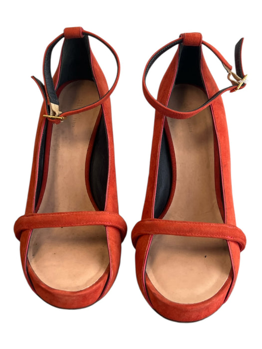 Celine Shoe Size 37 Red Suede High Heel Open Toe Ankle Strap Wooden Wedge Heels Red / 37